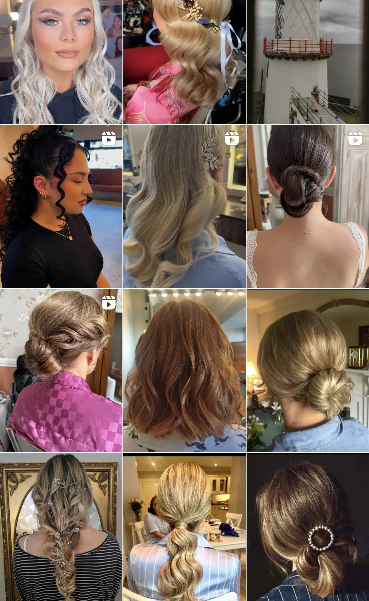 Collage of women with various elegant hairstyles, including curls, twists, braids, and updos, often featuring accessories like ribbons, pins, and hairpieces.