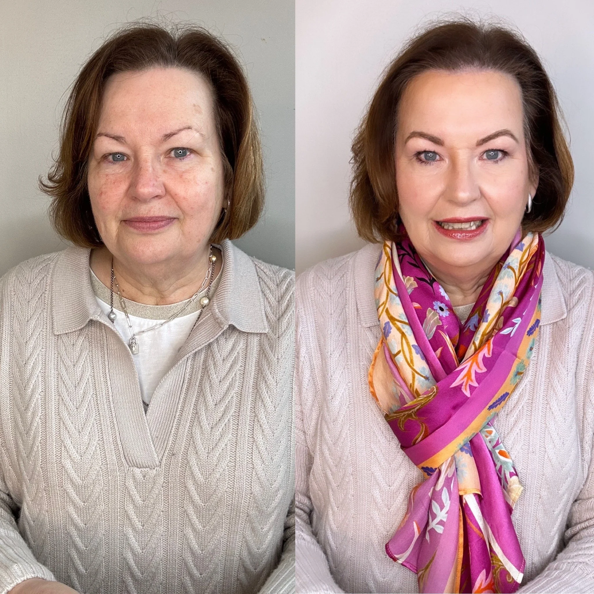Side-by-side comparison of a woman before and after makeup and hair styling, wearing similar light-colored sweater, with changes including makeup, hairstyle, and a colorful scarf in the after photo.