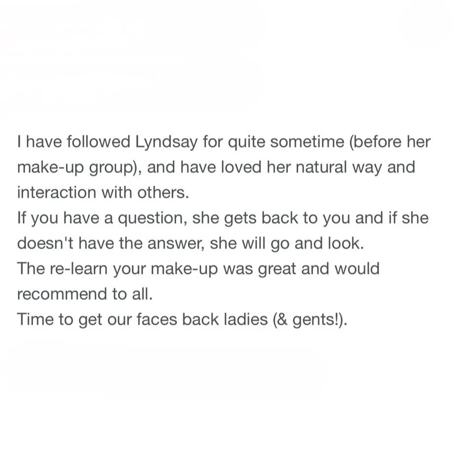 A typed note discussing a person named Lyndsay, her natural style, and her role in a makeup group, emphasizing her helpfulness and friendliness.