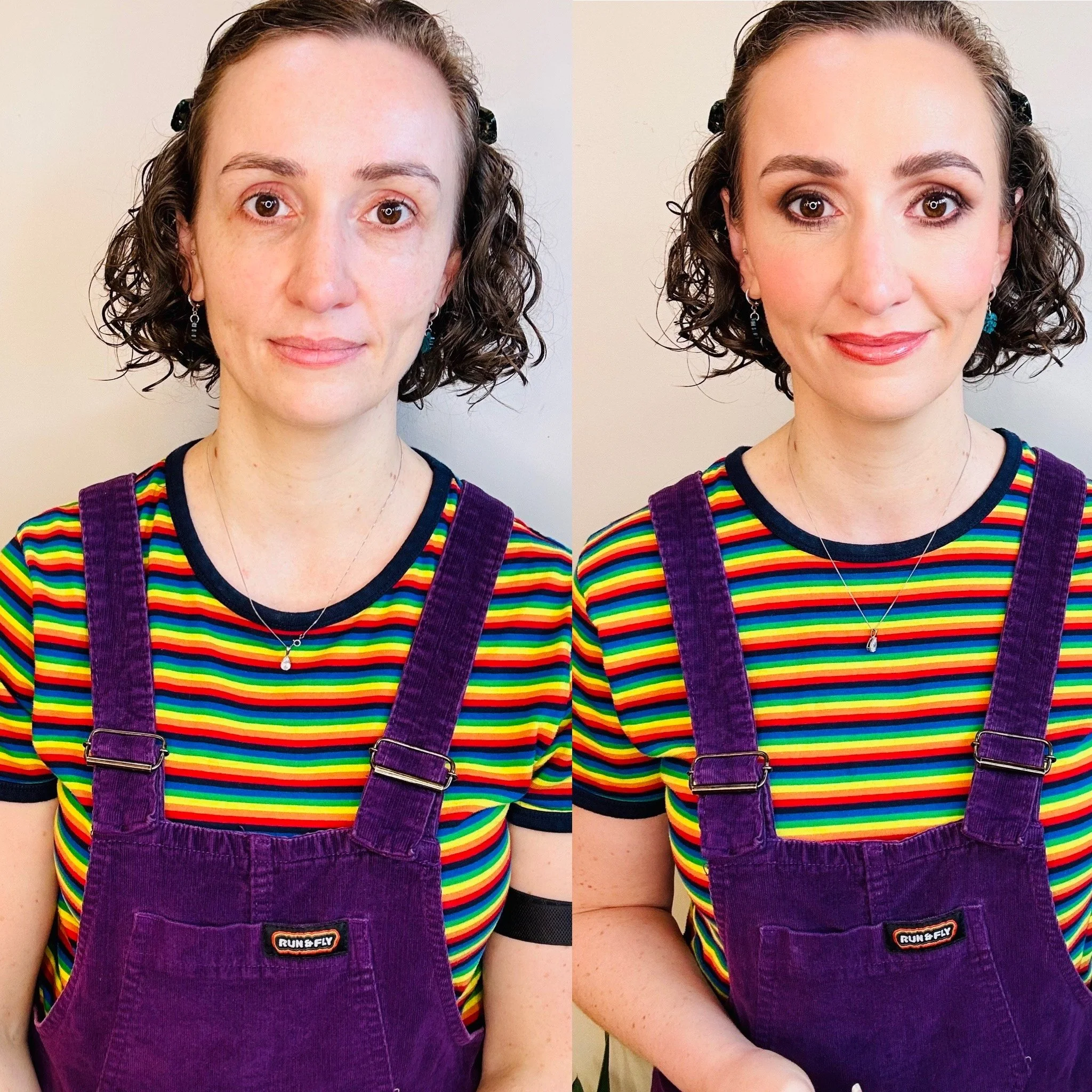 Side-by-side photos of a woman before and after makeup, wearing a rainbow-striped shirt and purple overalls, with a white background.