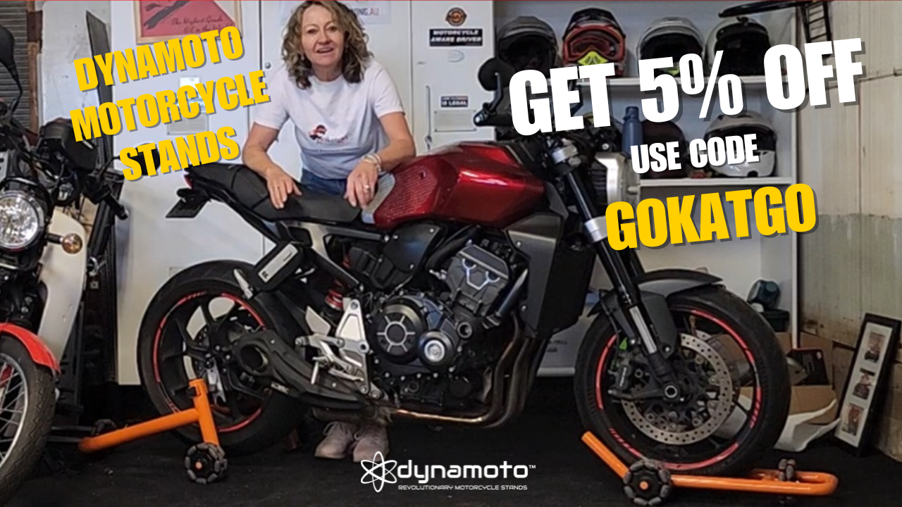 Dynamoto Motorcycle Stand to easily move your motorcycle around the garage.  Get 5% off using the code GOKATGO.