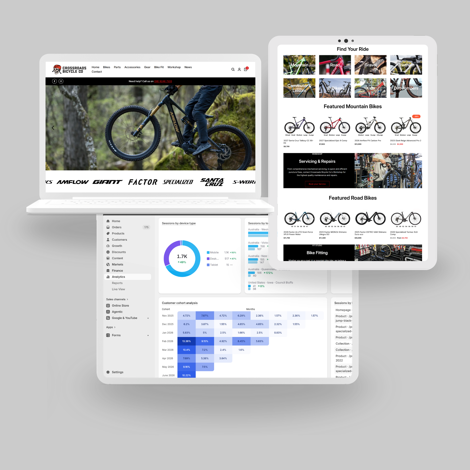 Two computer screens displaying a bicycle e-commerce website and analytics dashboard with various bike categories and sales data.