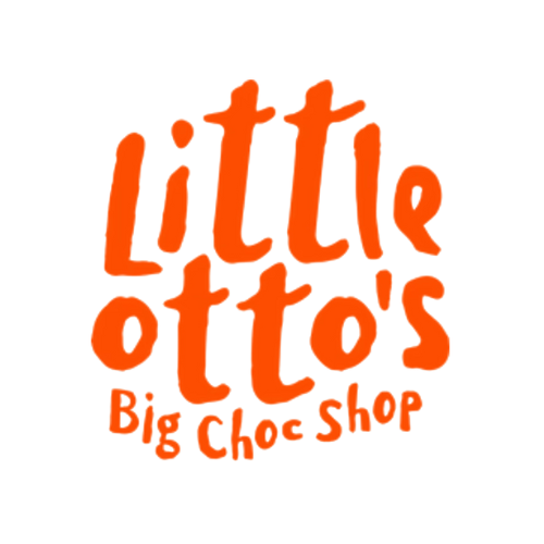 Logo for Little Otto's Big Choc Shop in orange text on a black background