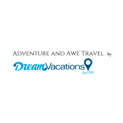 Logo for Dream Vacations featuring the text 'Adventure and Awe Travel by Dream Vacations' with a location pin icon.