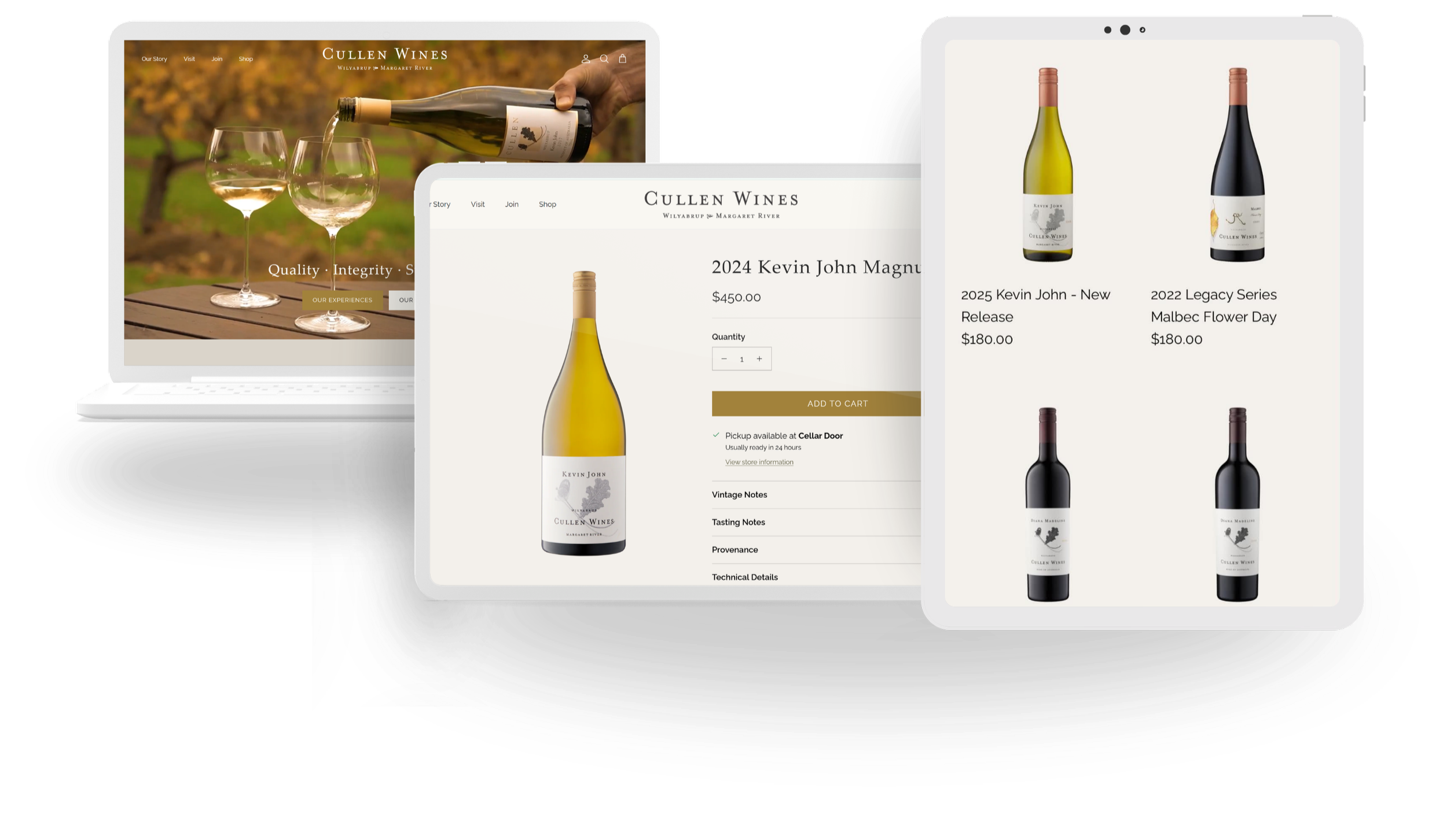 Multiple screens displaying a wine company's website with images of wine bottles, wine glasses, and online shopping options.