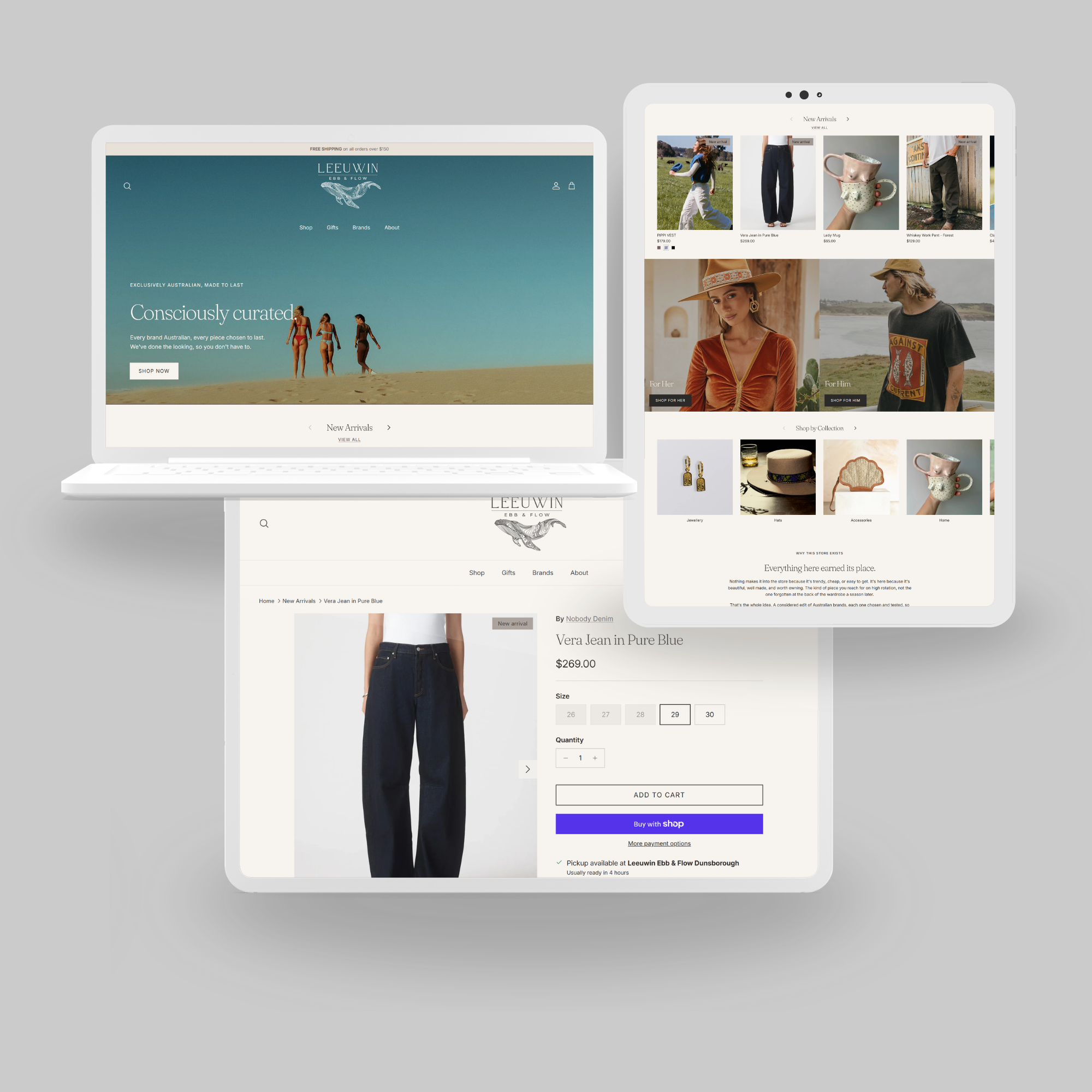 Screenshots of two online shopping websites on laptops displaying clothing, accessories, and home decor products.