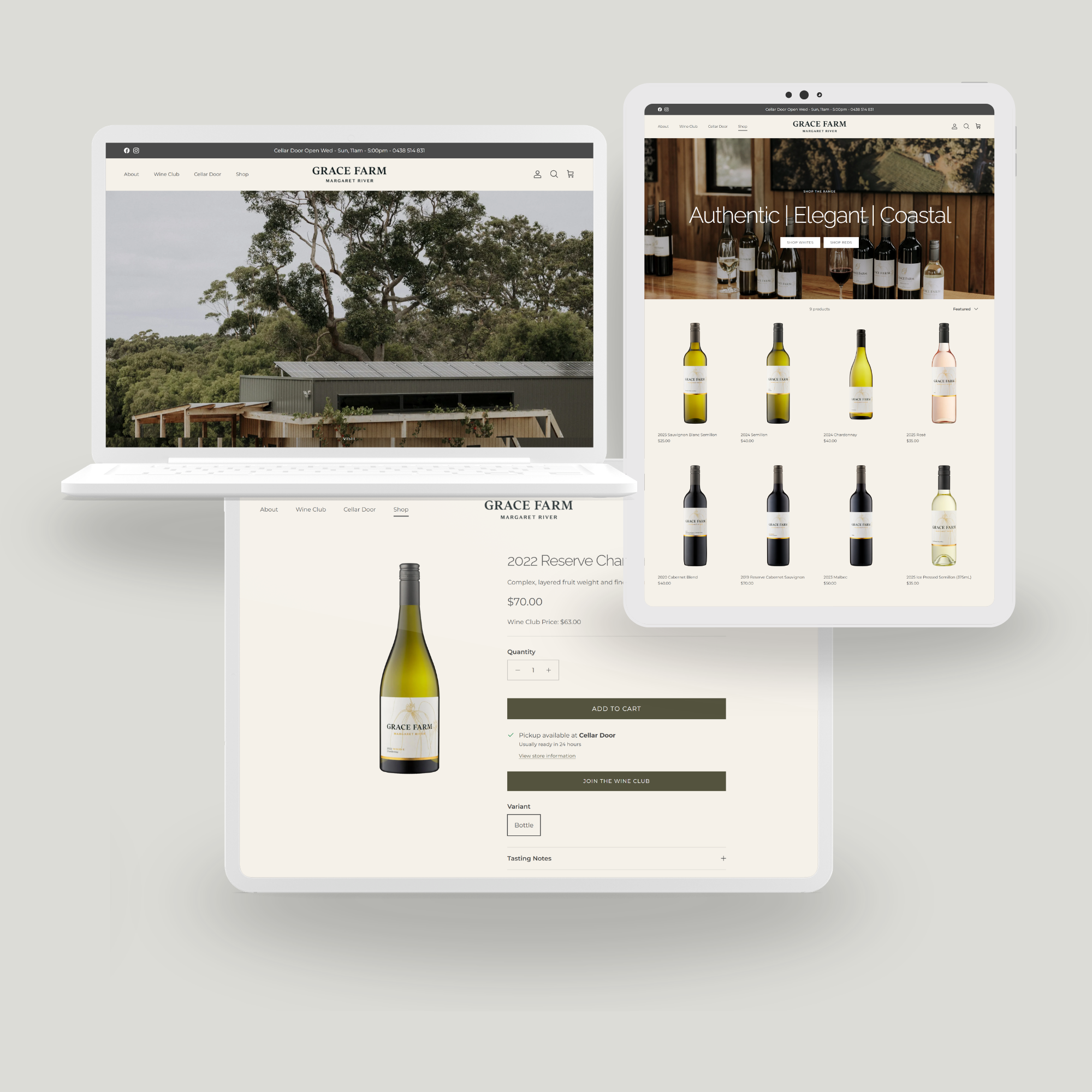 Two laptop screens display the website of Grace Farm, a winery. One screen shows an outdoor scene with trees and a farm building, while the other presents a webpage with wine bottles and wines for sale.