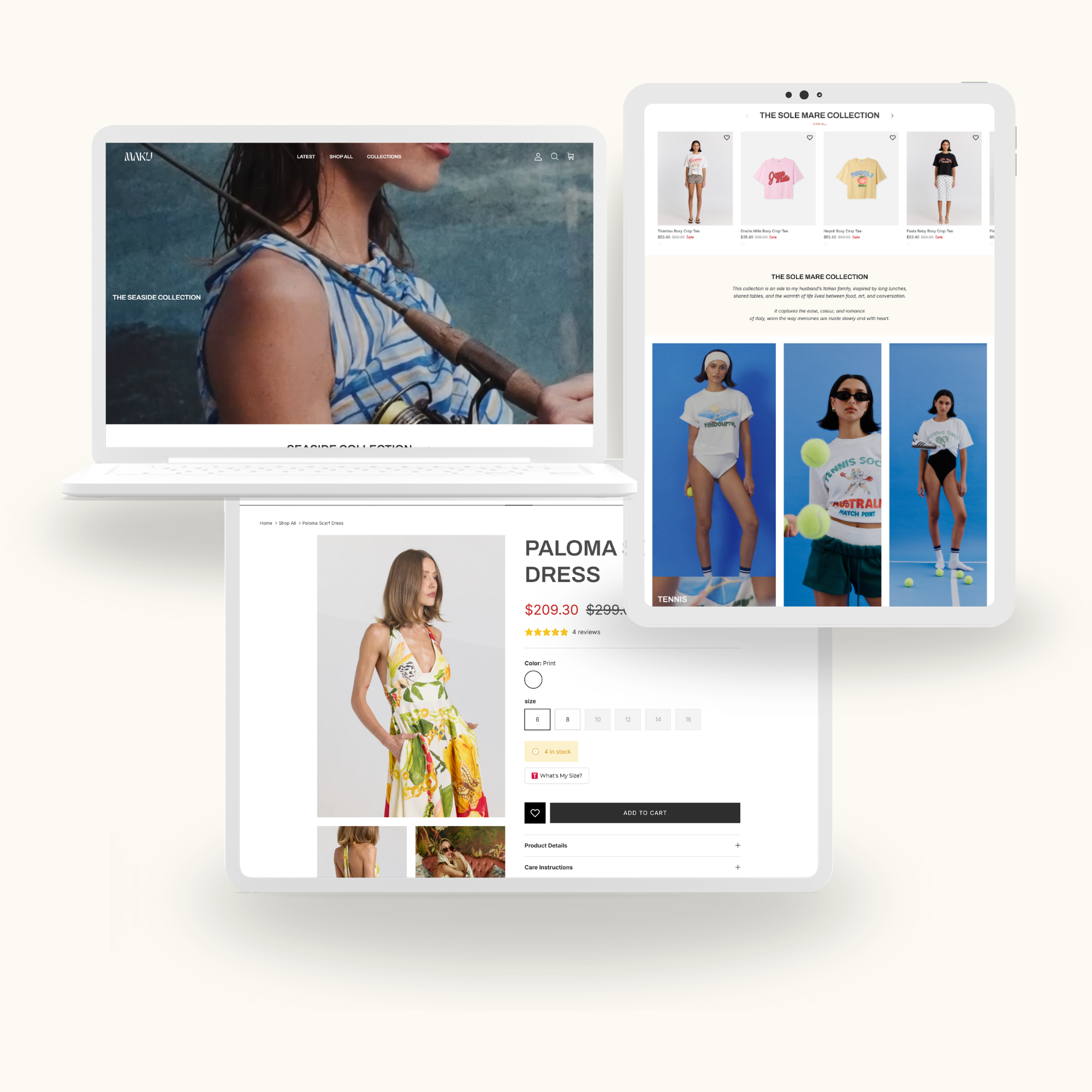 Screenshots of a fashion e-commerce website showing a woman in a yellow floral dress and options for clothing sizes, with another part of the page showing a model in tennis attire and a selection of graphic t-shirts.