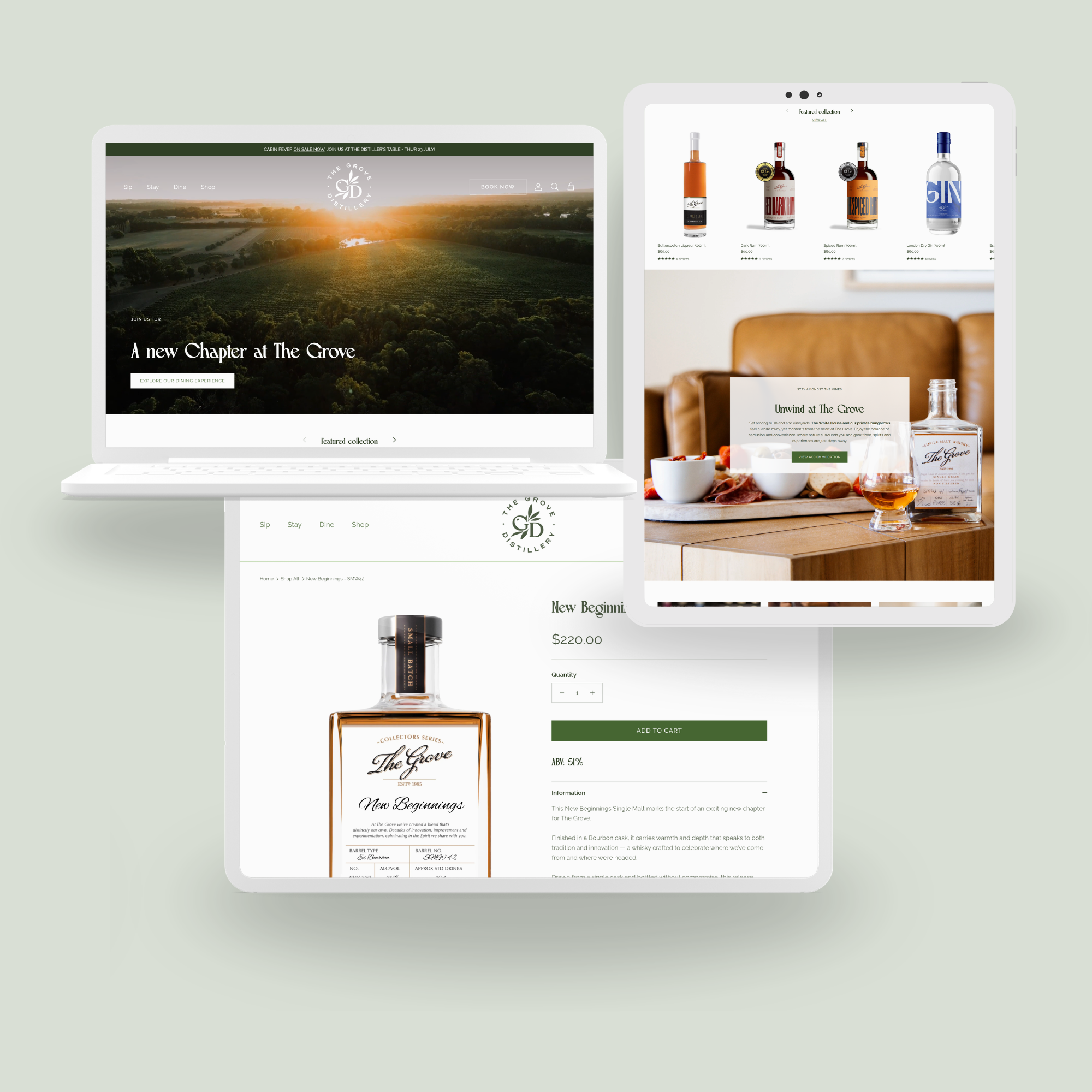 Laptop screen displaying a website for The Grove Distillery with a scenic farm landscape and sunset, and another screen with a product page for whisky bottles.
