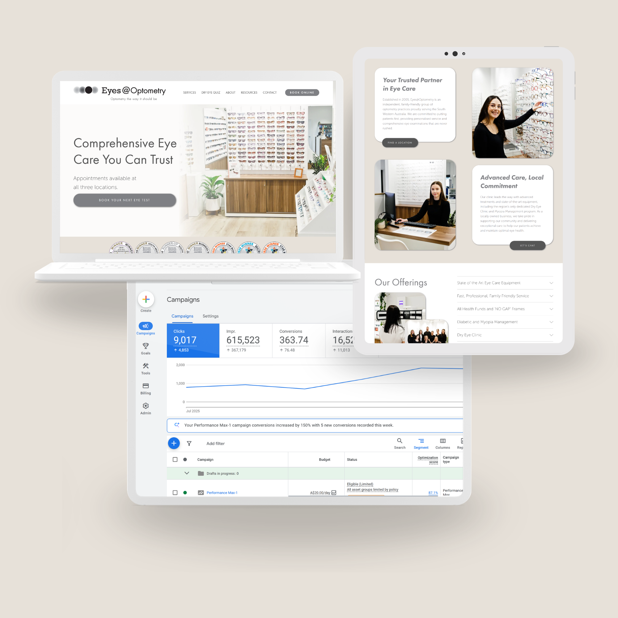 A laptop and a smartphone screen displaying a website for Eyes@Optometry featuring glasses and eye care services, alongside a data analytics dashboard with charts and metrics.