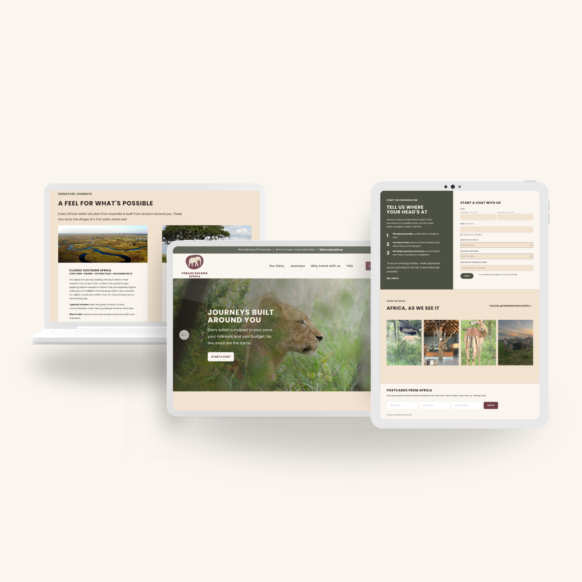 Screenshots of a website about African safaris, showcasing various travel experiences and planning tools.