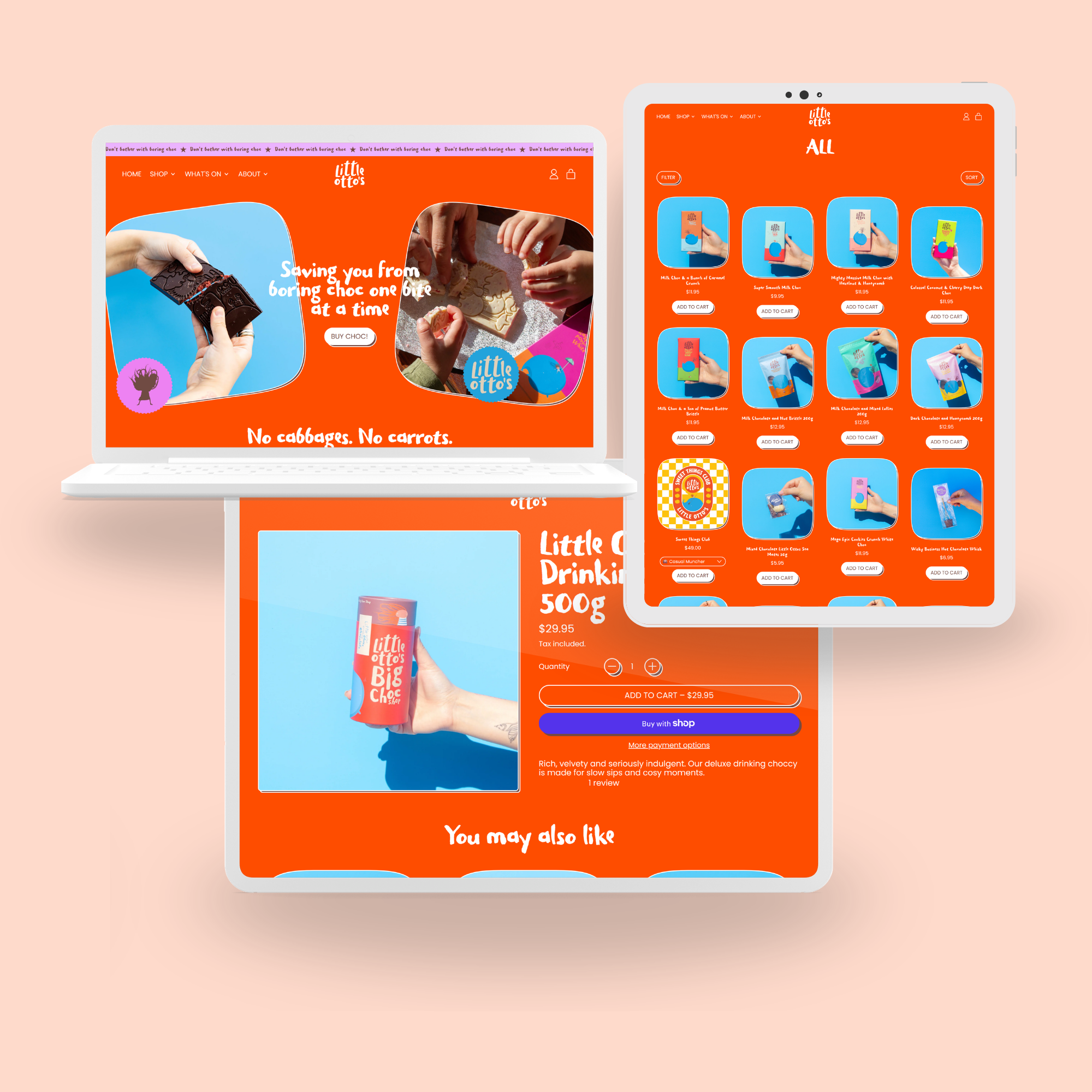 Online store webpage for Little Otto's with an orange background, displaying various chocolate products and a shopping cart option.