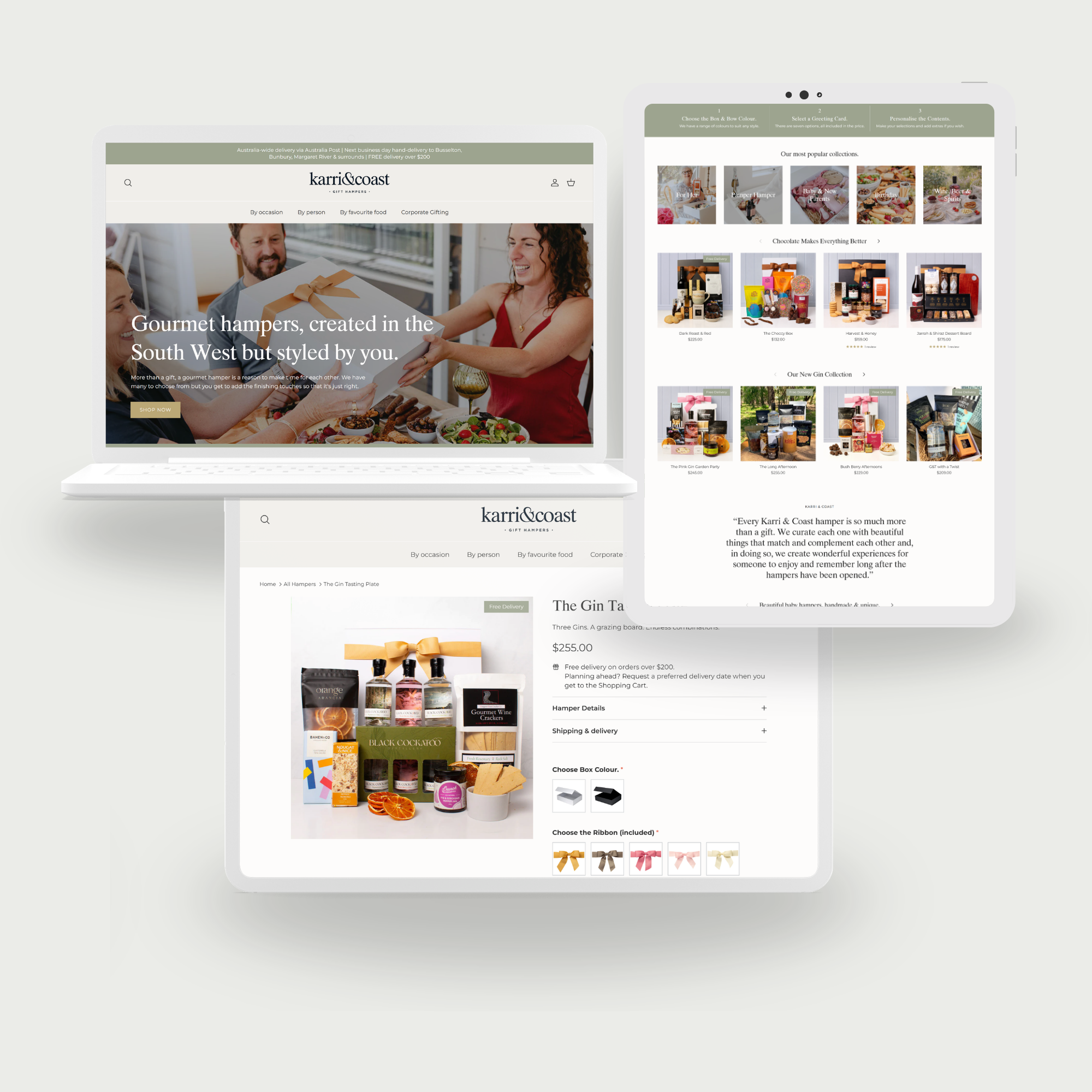Different screens displaying online shopping websites for gift hampers and related products, featuring images of gift hampers, bows, and product details.