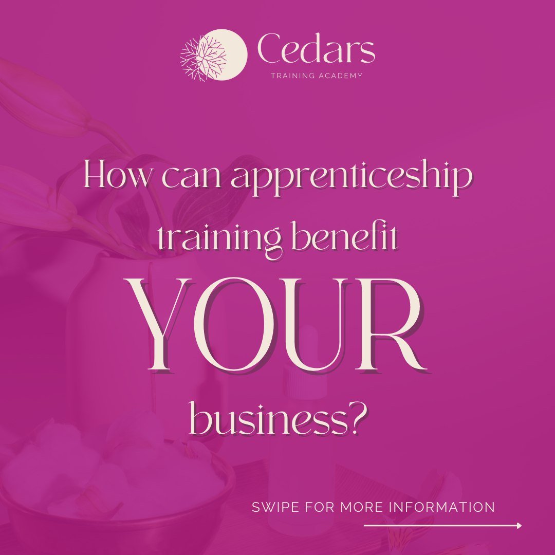 Are you a Salon or Spa owner? Have you ever wondered how apprenticeships can benefit your business? 

If you'd like to chat about it, send us a message, or find out more on our website (link in bio).
.
.
.
.
#cedarstrainingacademy #apprenticeships #h