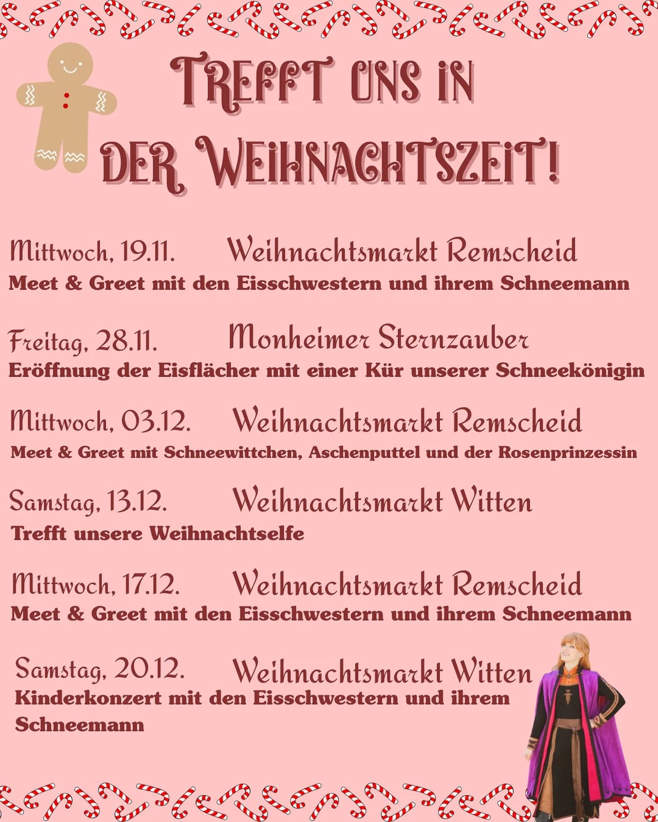 🎄 Trefft uns in der Weihnachtszeit! 🎄

Die H&auml;lfte unserer Weihnachtsauftritte ist schon fast vorbei, ist das zu glauben? 🥲

Aber keine Sorge! Ihr k&ouml;nnt unsere Prinzessinnen noch bis Ende Dezember auf verschiedenen Weihnachtsm&auml;rkten 