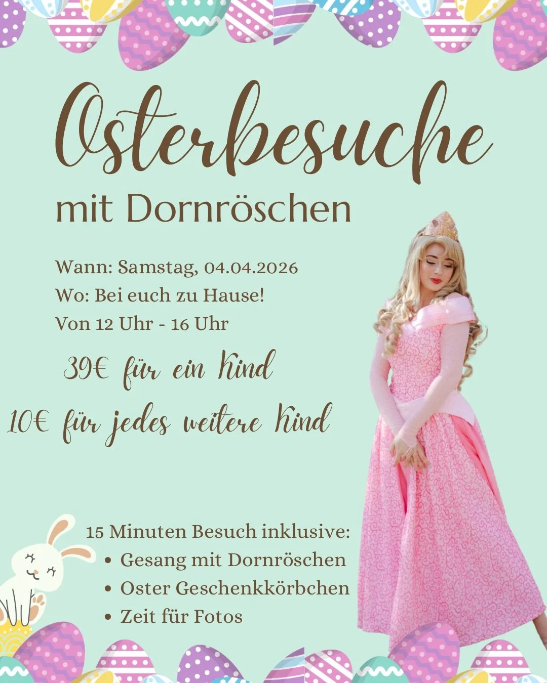 🐰 Osterbesuche mit Dornr&ouml;schen🐰

Dornr&ouml;schen besucht euch an Ostersamstag, den 04.04.2026 im Umkreis Monheim am Rhein, Leverkusen und D&uuml;sseldorf, um euch in Osterstimmung zu bringen! 👑

🐰Die Besuche finden zwischen 11 Uhr und 16 Uh