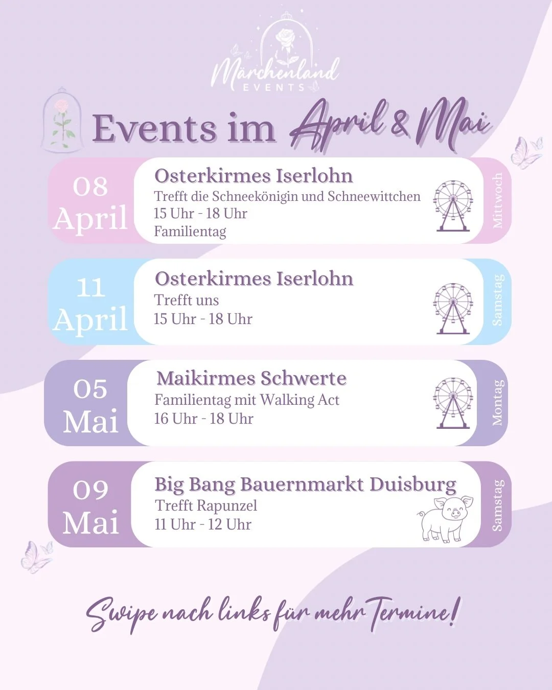 🧚 UNSERE TERMINE IM APRIL &amp; MAI 🧚

Der Fr&uuml;hling ist endlich da und mit ihm warten auch viele spannende Veranstaltungen auf euch, bei denen ihr unsere Prinzessinnen und Helden treffen k&ouml;nnt! 🌷👑

Hier ein kleiner &Uuml;berblick:

🐰 O