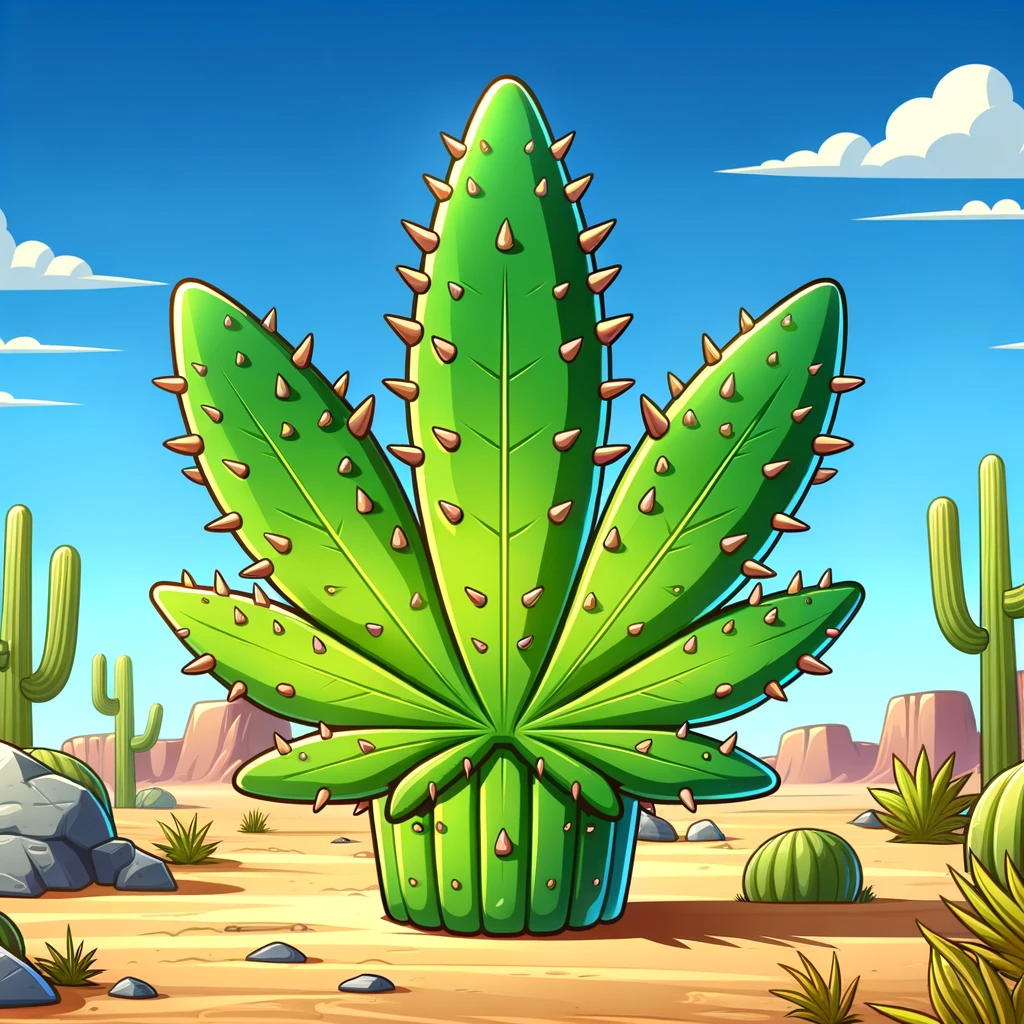 DALL·E 2024-01-10 09.51.42 - A cartoon cactus designed to resemble a marijuana leaf. This cactus has a bright green color with typical cactus features like spines and a rough text.png