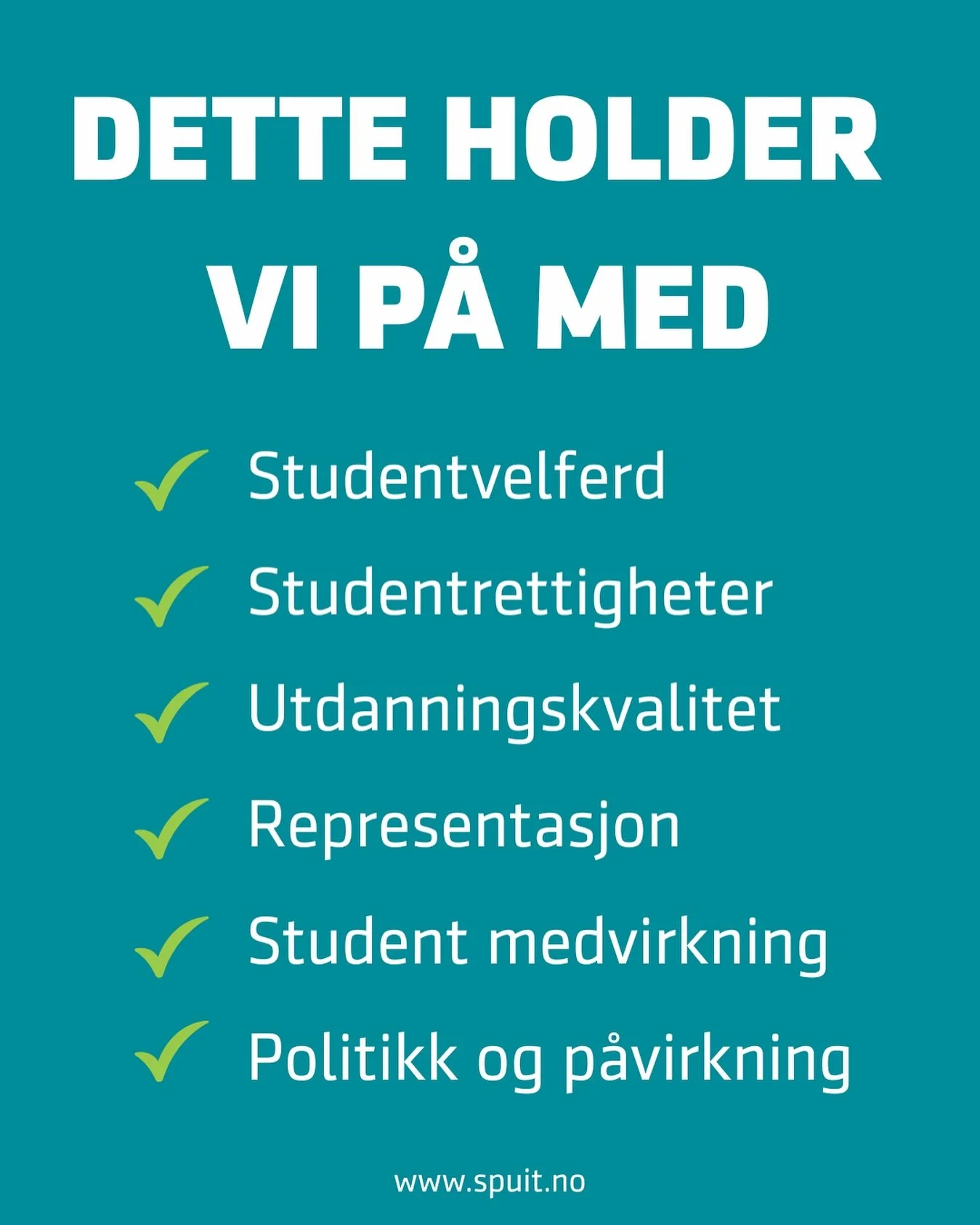 Lurer du p&aring; hva Studentparlamentet faktisk driver med?
 Her er noe av det vi jobber for:
✅ Studentvelferd
 ✅ Studentrettigheter
 ✅ Utdanningskvalitet
 ✅ Representasjon
 ✅ Medvirkning
 ✅ Politisk p&aring;virkning
Vi snakker med ledelsen, l&oslas