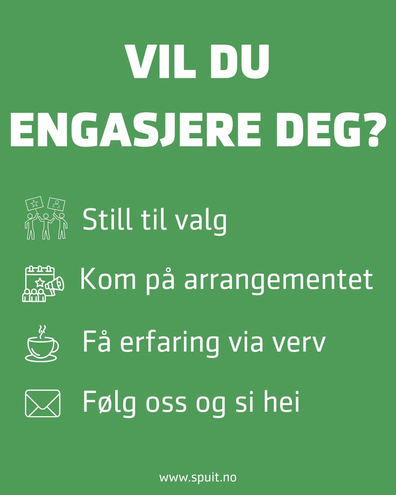 Vil du gj&oslash;re en forskjell? 💪✨
 Det finnes mange m&aring;ter &aring; engasjere seg p&aring;:
🗳️ Still til valg
 📅 Kom p&aring; arrangement
 ☕ F&aring; erfaring i verv
 📨 Si hei &ndash; vi biter ikke!
Studentparlamentet er for alle studenter
