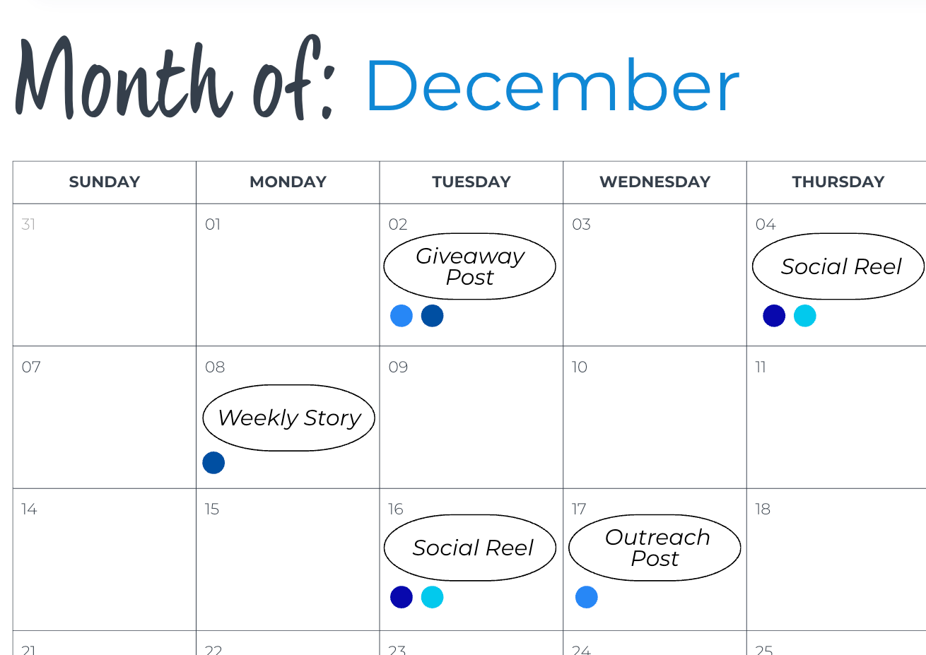 December content calendar showing giveaway, social reel, weekly story, and outreach post dates.
