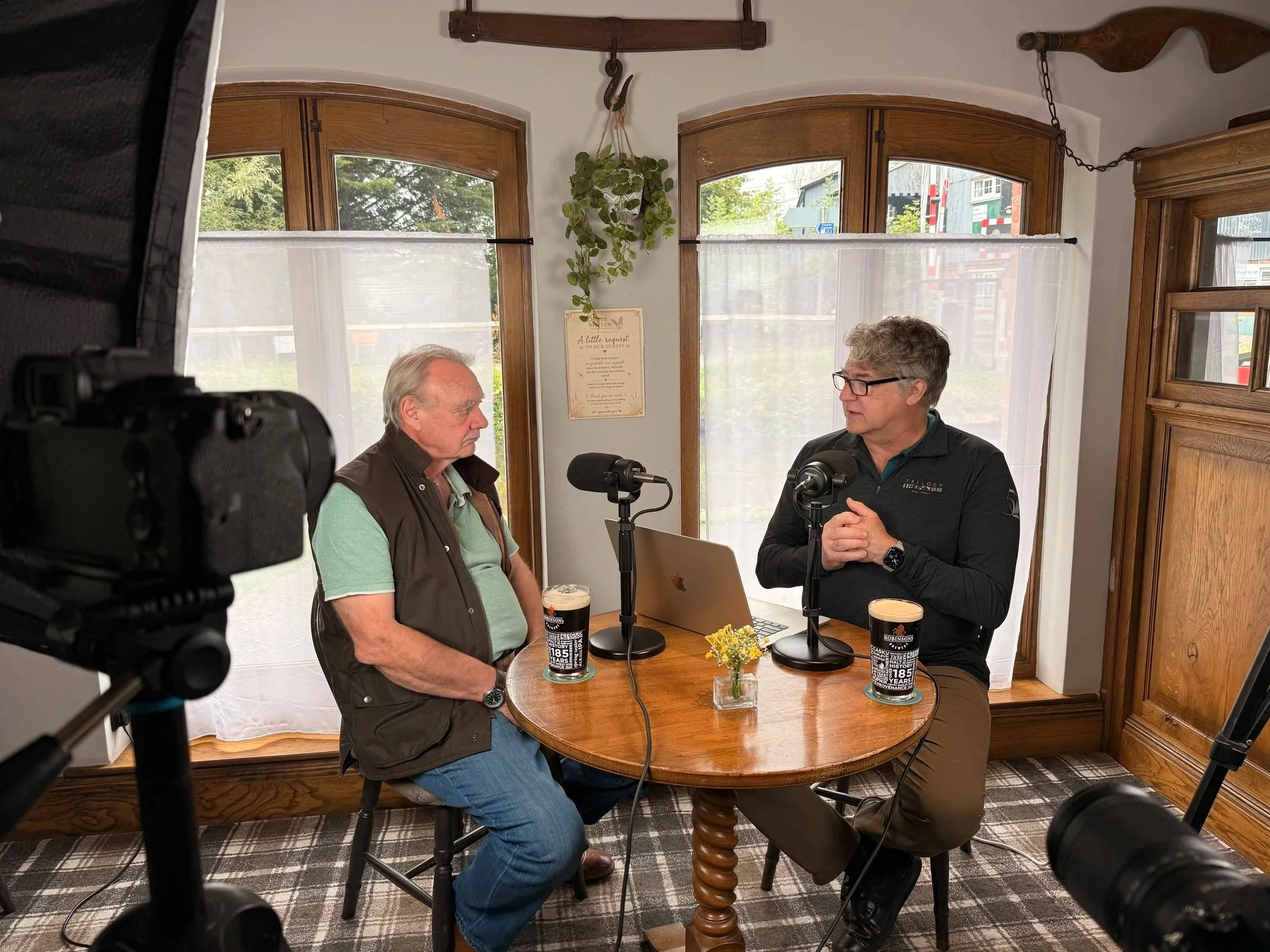 Two hosts during video podcast recording