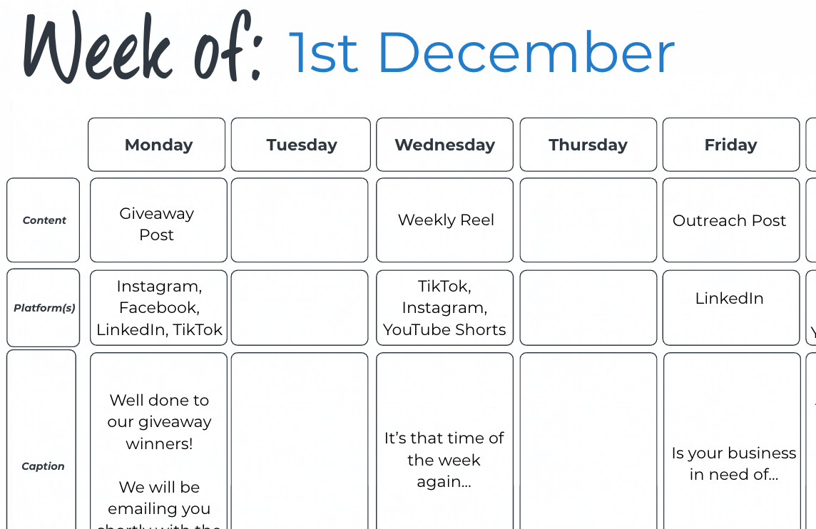 Social media content calendar for the week of December 1st, showing Monday giveaway post, Wednesday weekly Reel, and Friday outreach post.