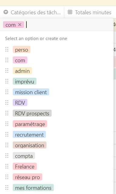exemple catégories colorées tâches application Notion exemple jaune admin vert formations