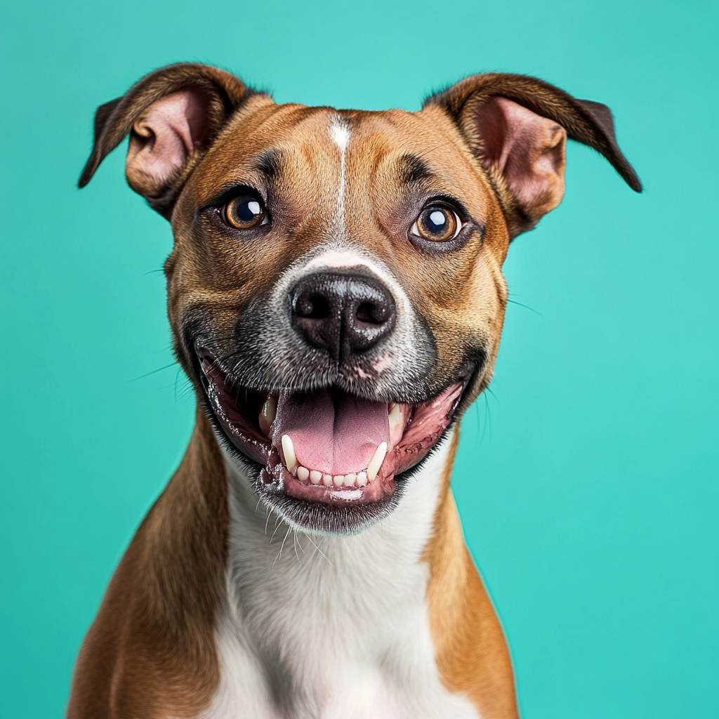Smiling brown dog with white markings and perky ears against a teal background.