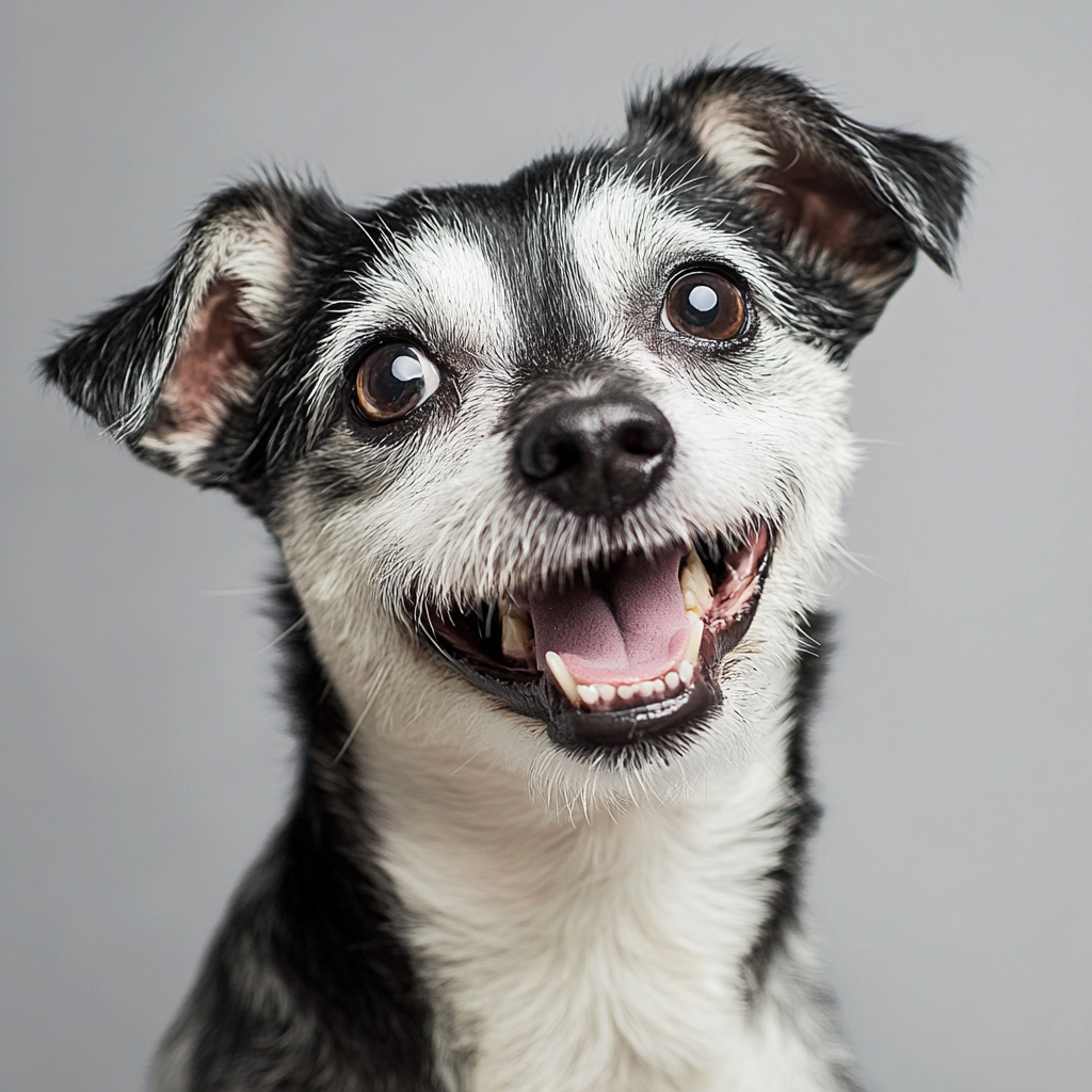 Happy black and white dog with a smiling expression against a gray background.