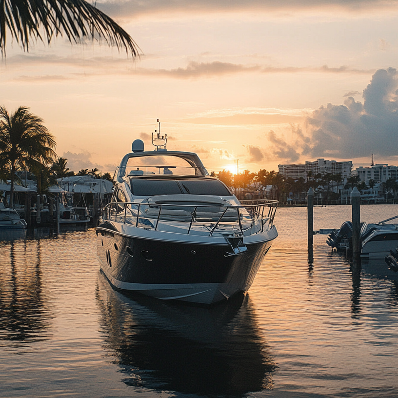 Luxury yacht on calm water at sunset with palm trees and buildings in the background.