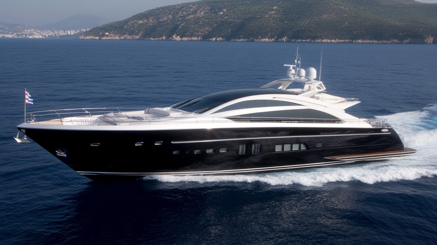 Luxury yacht cruising on the ocean with mountains in the background.
