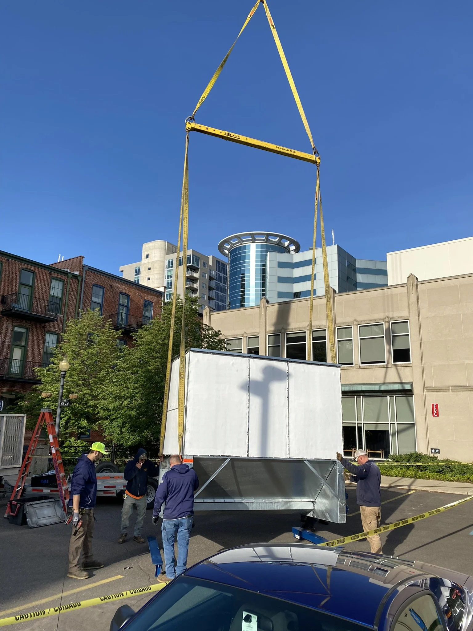 Preparing the new replacement cooling tower prior to crane lift
