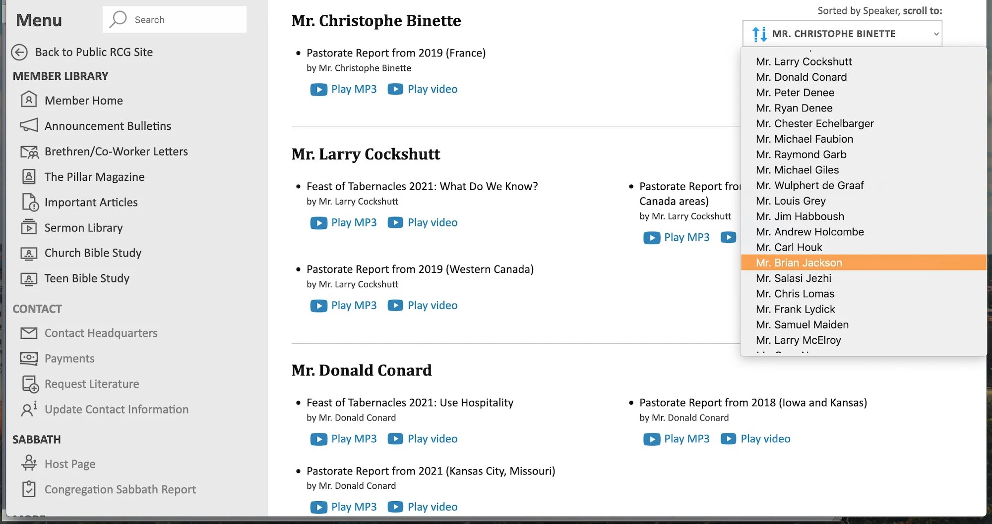 The Restored Church of God Member Services minister list