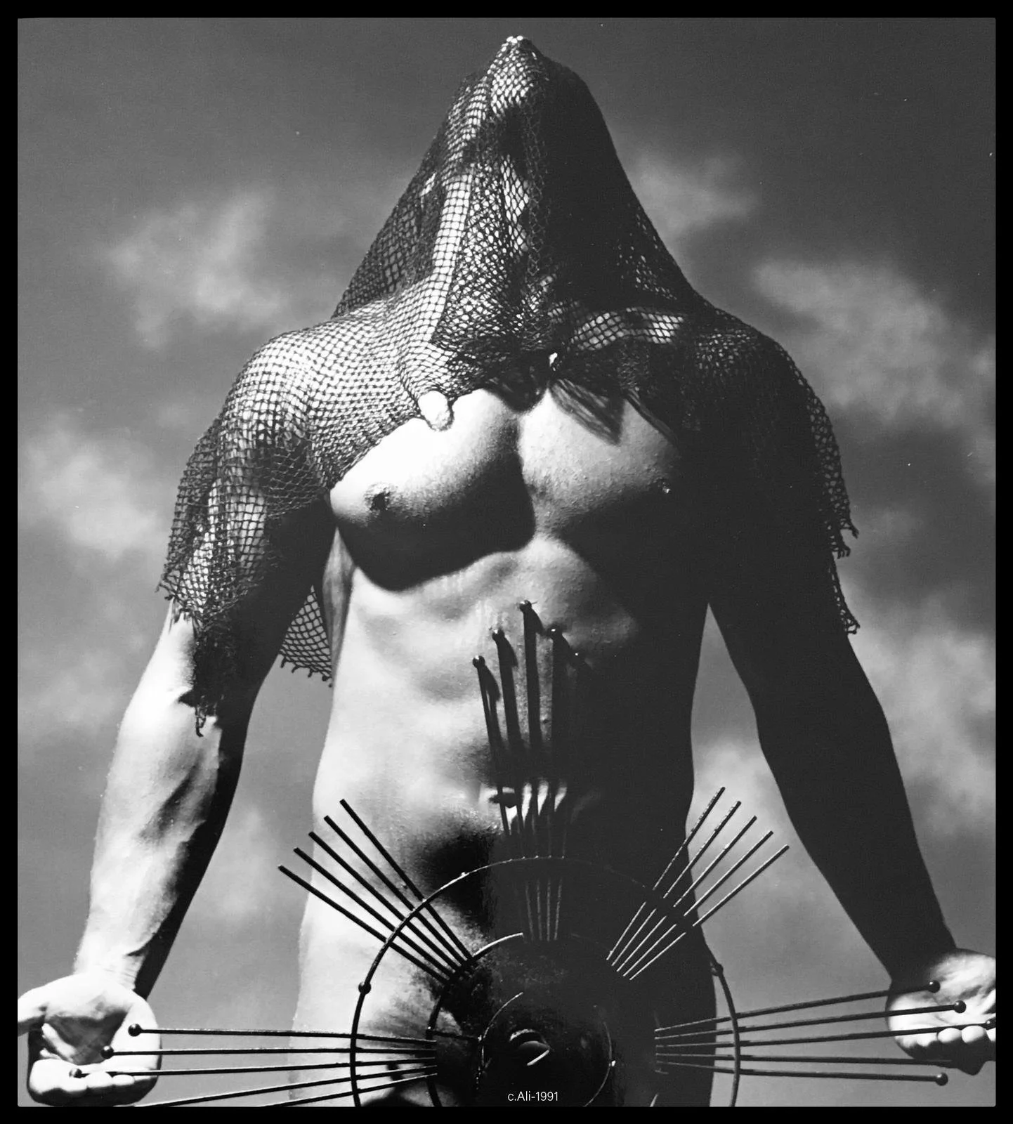 Fishnet hood, halo of rods, inscribed c. 1991