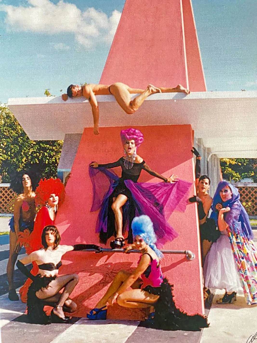 Group at the pink pylon, 1990s