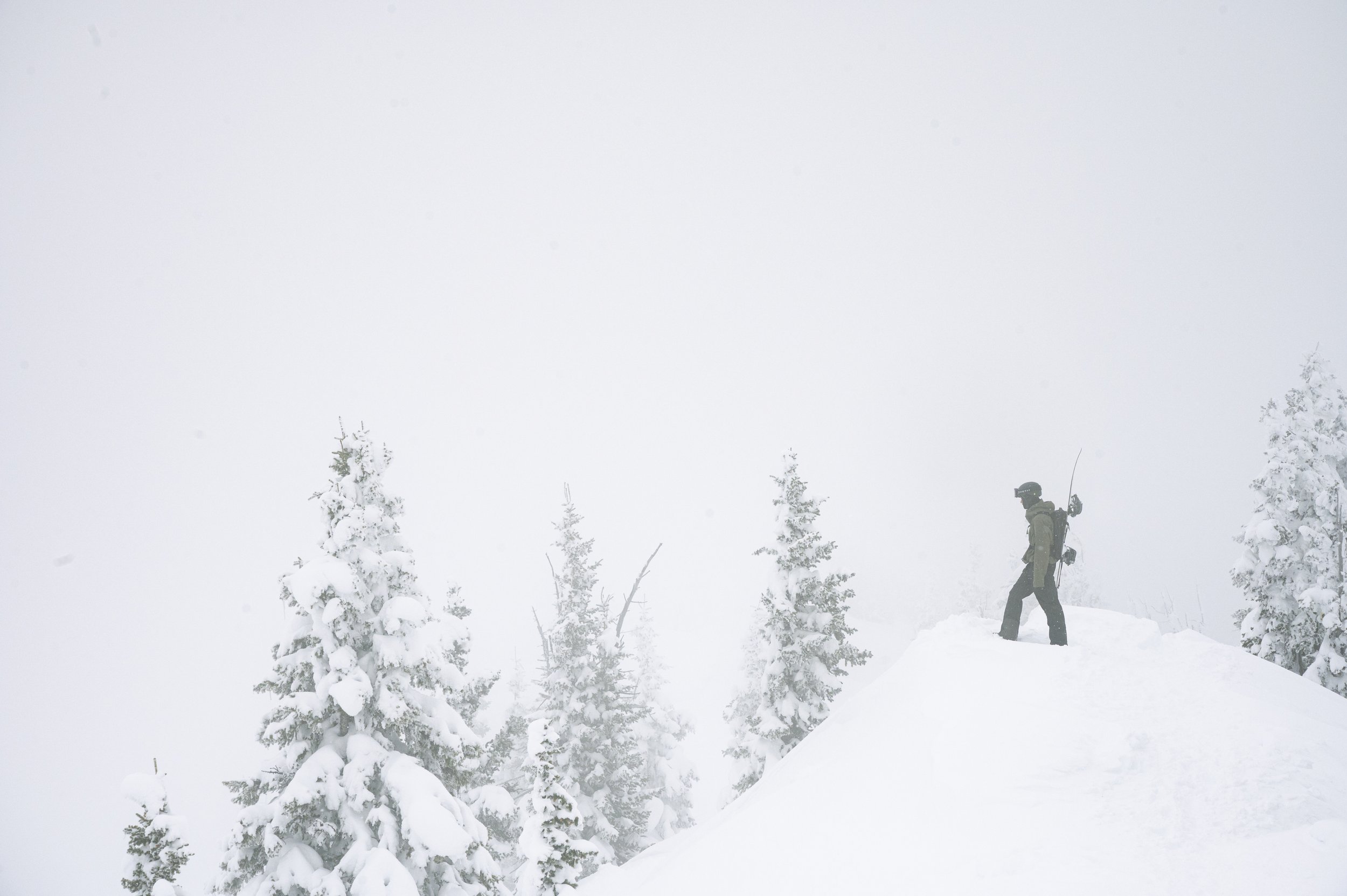 A person in winter gear walking on a snowy hill in a foggy forest with snow-covered trees.