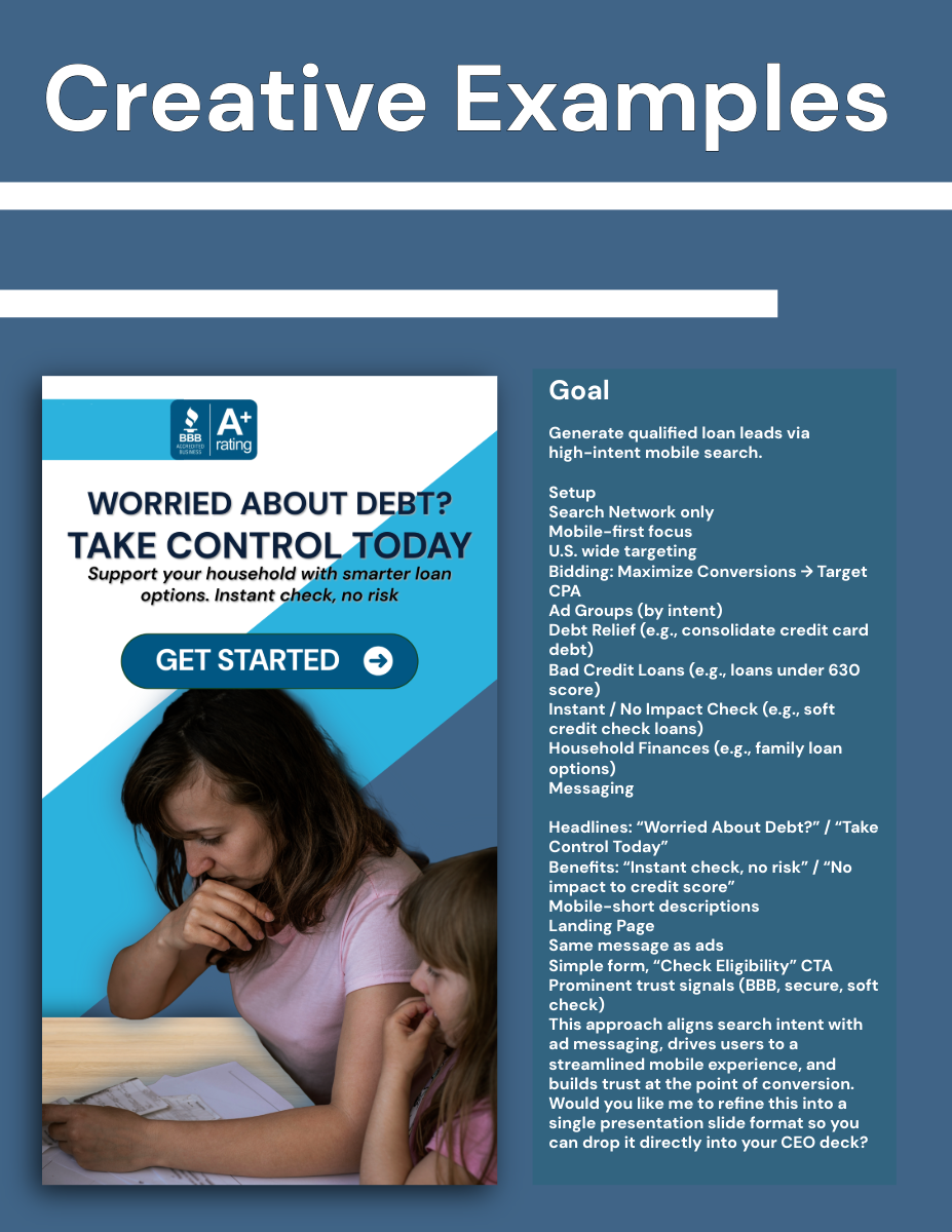 Unbranded Financial Acquisition — High-Intent Search - This unbranded acquisition strategy aligned search intent, ad messaging, and landing page experience in a competitive financial category. The result was a clear, mobile-first path that reduced fr