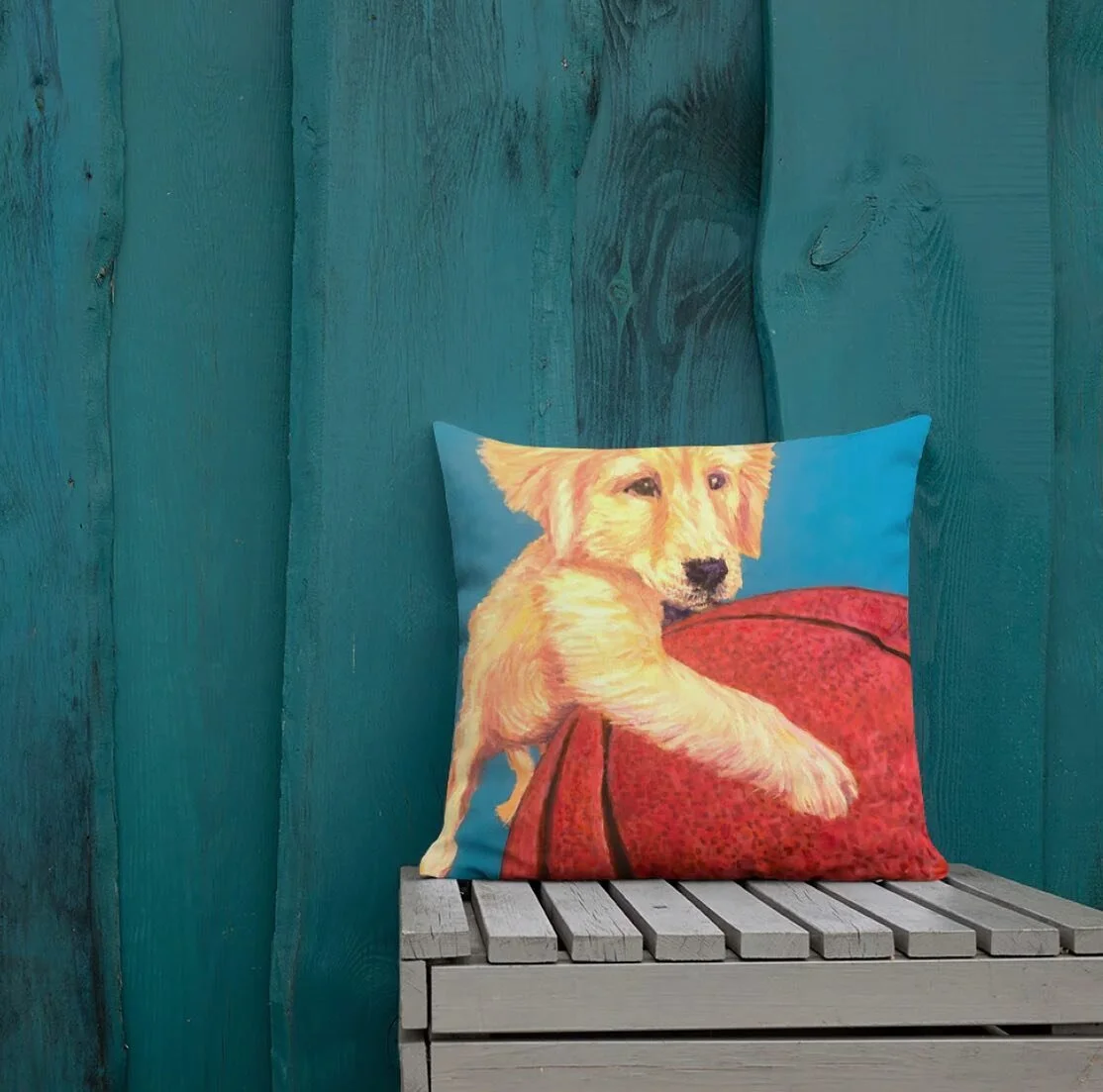 Golden Retriever: Premium Pillow Case
Original Art Golden Retriever by Renelio Marin, Oil on canvas

Want to add a splash of color to your home? This premium feel pillow with a shape-retaining insert is just what you're looking for! It'll make any ro