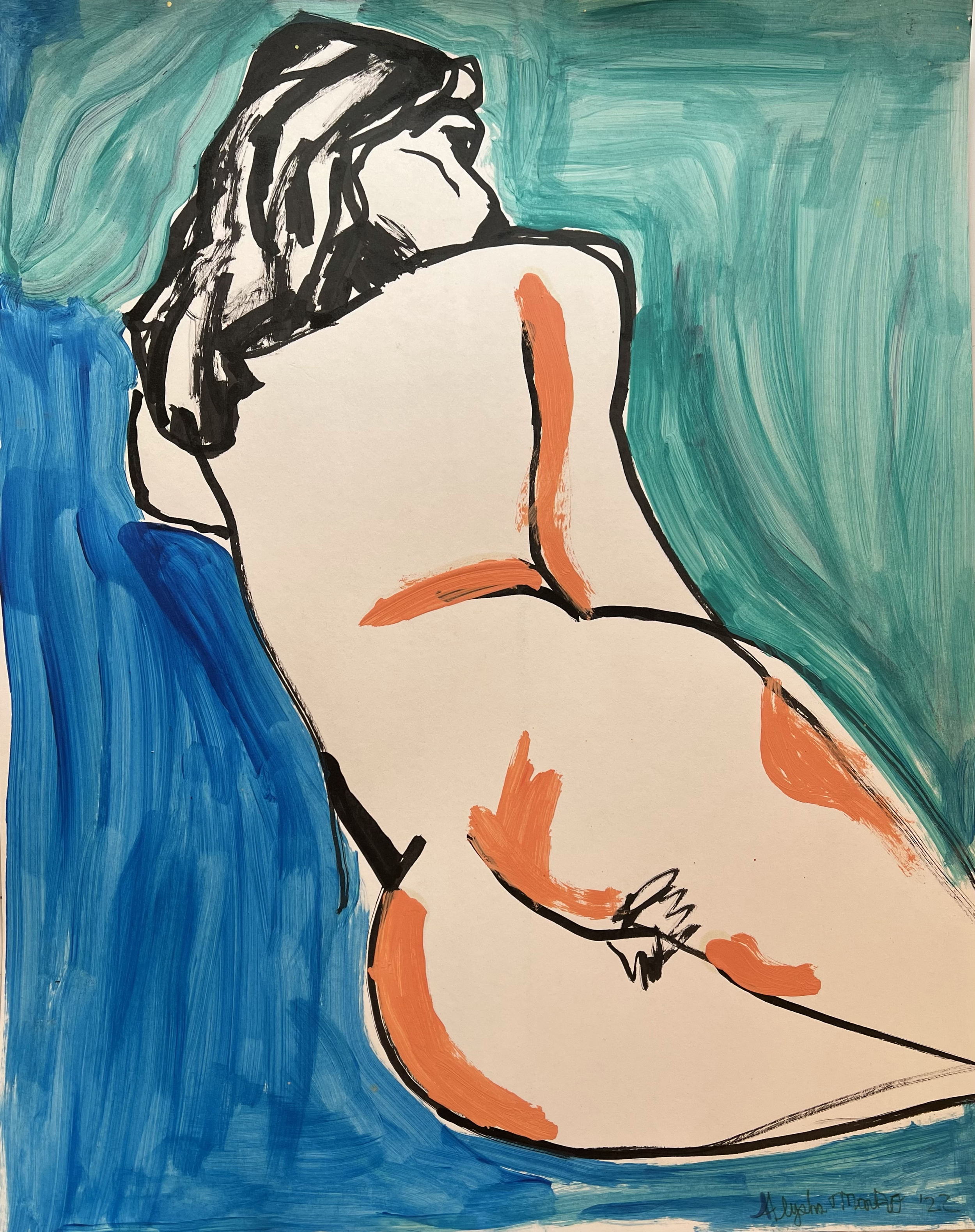 Nude drawing of a woman (blue), 2022.
28.5 x 22.5  in.
Ink and acrylic on paper