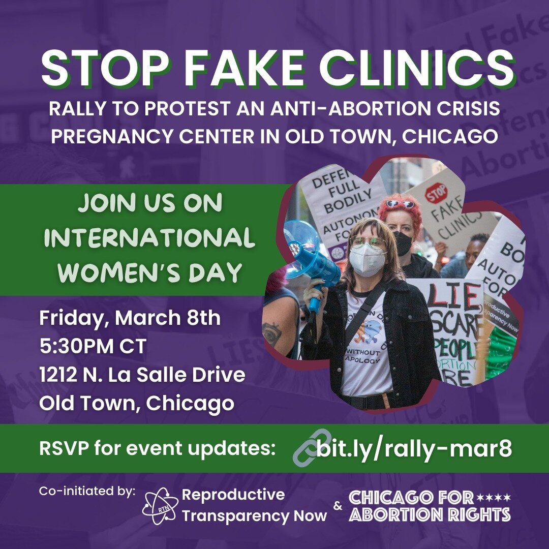 CHICAGO! Join us tomorrow to rally and protest an anti-abortion crisis pregnancy center that recently opened in the Old Town neighborhood of Chicago.
.
RSVP using the link in our bio.
.
📆 Friday, March 8th
⌚️ 5:30pm CT
📍 1212 N. La Salle Dr, Chicag