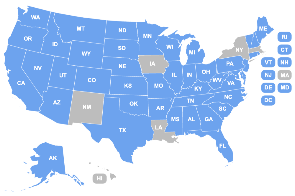 Map of states colored blue that I can practice in.