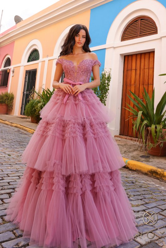 Mauve Ruffled Tulle Layered Dress