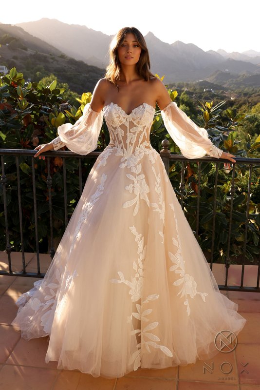 JE990L-Embroidered A-line Off The Shoulder Puff Sleeve Bridal Gown