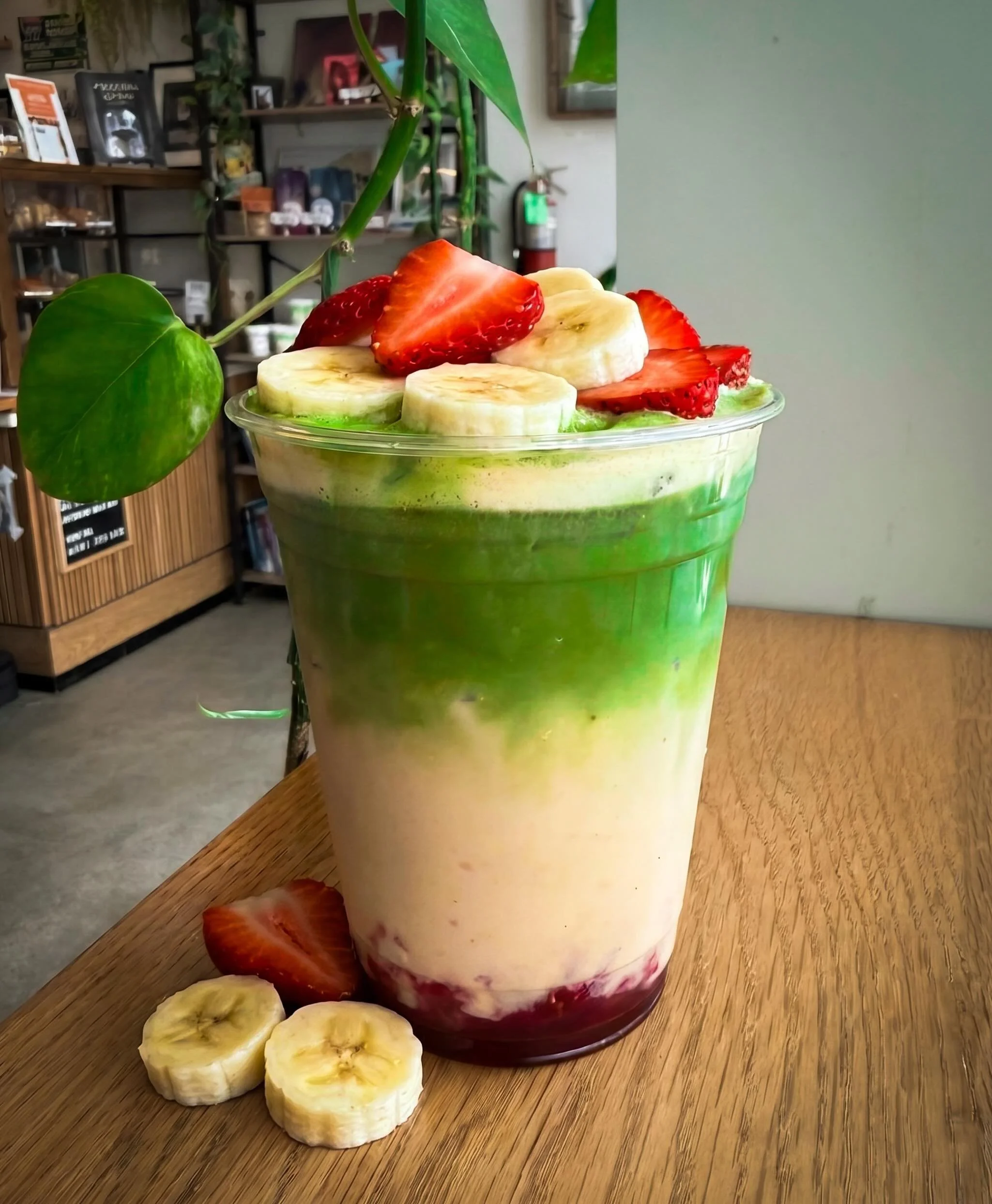 I call this one the illmatic Matcha Latte and is a Strawberry and Banana Matcha drink. 
-Ceremonial Matcha
-Banana Milk
-Banana Syrup
-Turmeric 
-Whole Strawberries 
-Strawberry Syrup