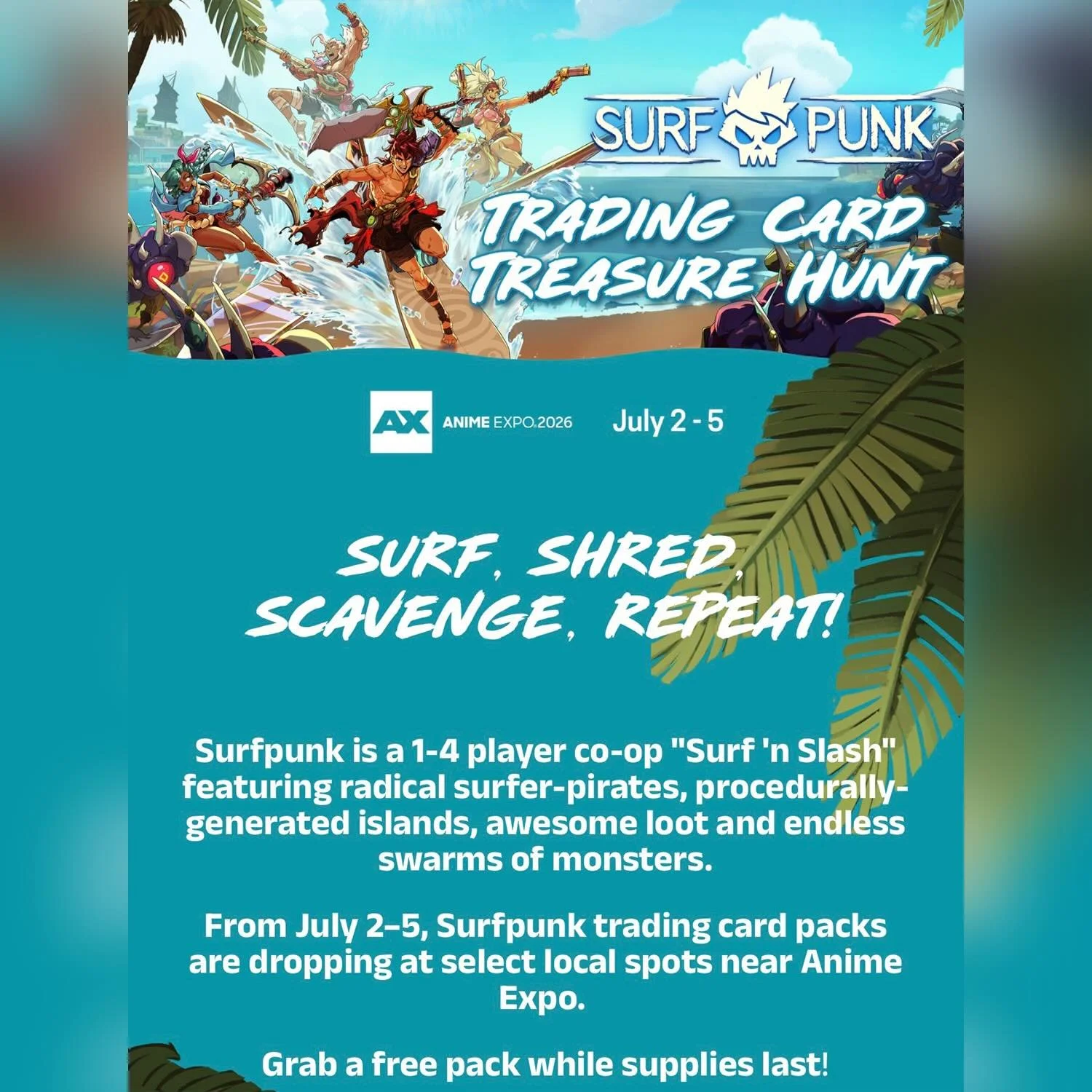 The treasure hunt is on 🏴&zwj;☠️!

We&rsquo;re excited to team up with @dblstallion for Surfpunk, an upcoming 1&ndash;4 player co-op Surf &rsquo;n Slash ARPG where you and your crew raid islands, battle monsters, and collect loot &ndash; just in tim