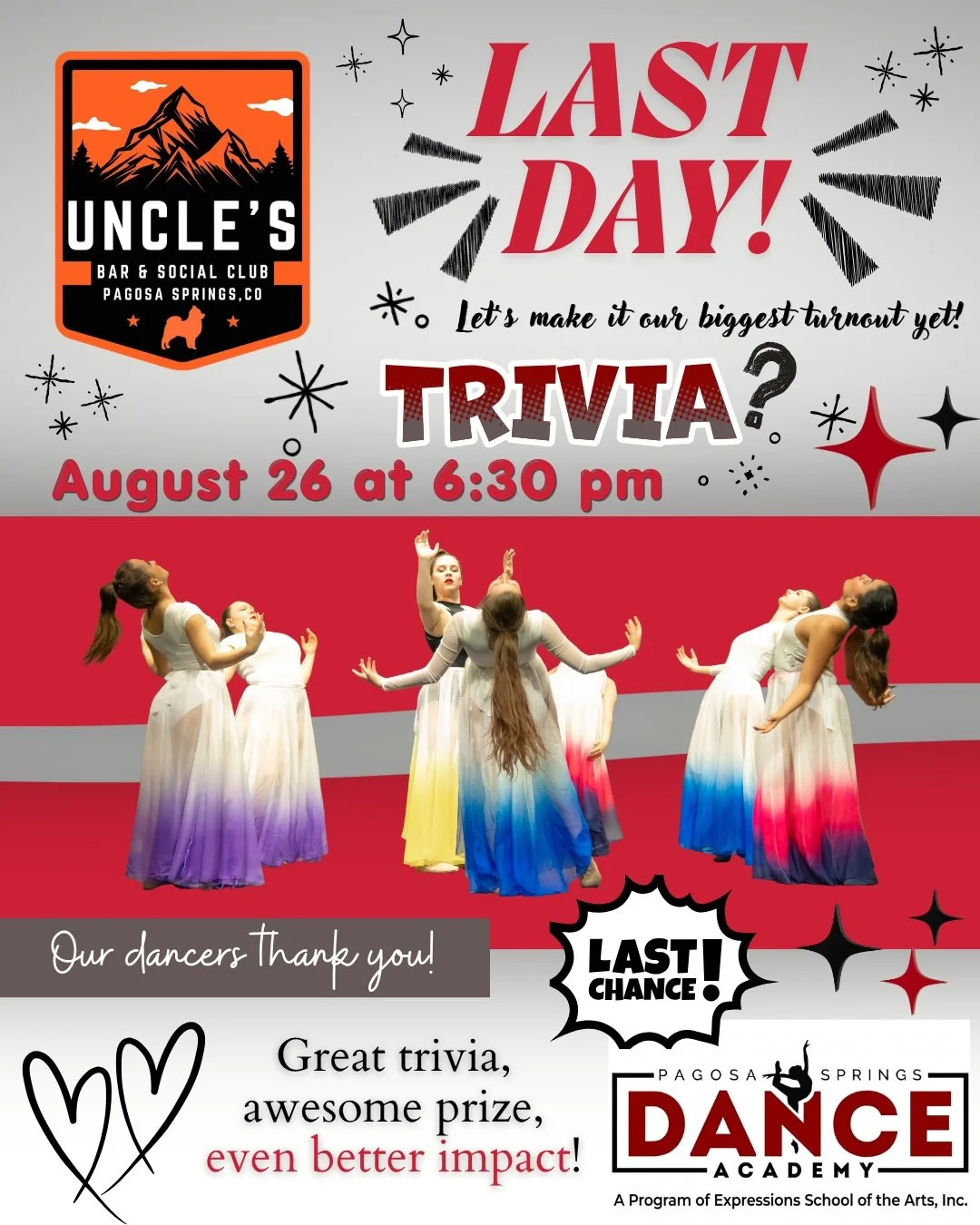🚨 TOMORROW NIGHT! 🚨

Our FINAL NIGHT as Uncle&rsquo;s Featured Nonprofit is here! ❤️🖤

We&rsquo;ve had an AMAZING turnout throughout July and August, and now we want to go out with our BIGGEST TURNOUT YET!

🎉 Trivia Night
📅 Tomorrow &mdash; Augu