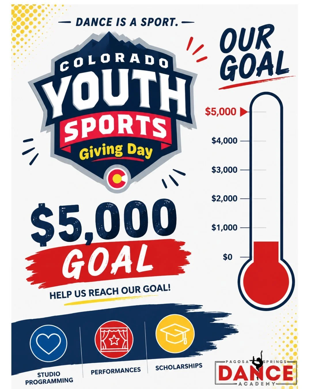 Our Youth Sports Giving Day Goal: $5,000! ❤️ 

PSDA has set a goal to raise **$5,000** to invest directly back into our dancers and studio through:

💙 **Studio Programming** &mdash; installation of safer dance flooring, updated sound equipment, trai