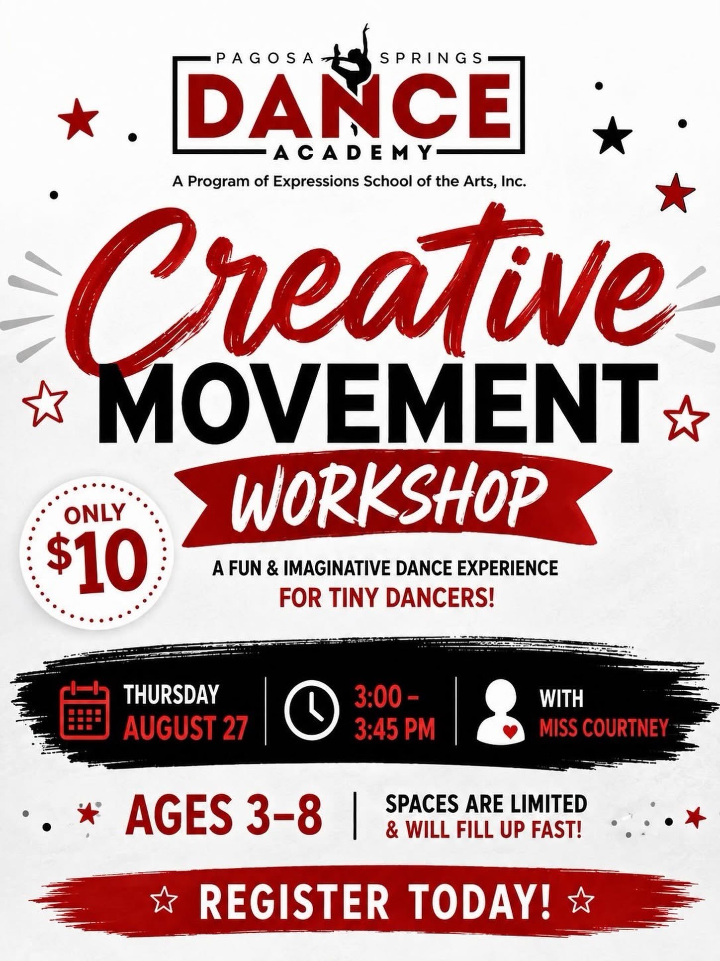 🥳 Last-Minute Dance Fun Tomorrow! 🥳

Have a little dancer who needs to move, groove, and get their wiggles out before school starts next week?! 💃🏽 💜 

We&rsquo;ve added a Creative Movement Workshop with Miss Courtney for our tiniest dancers&mdas