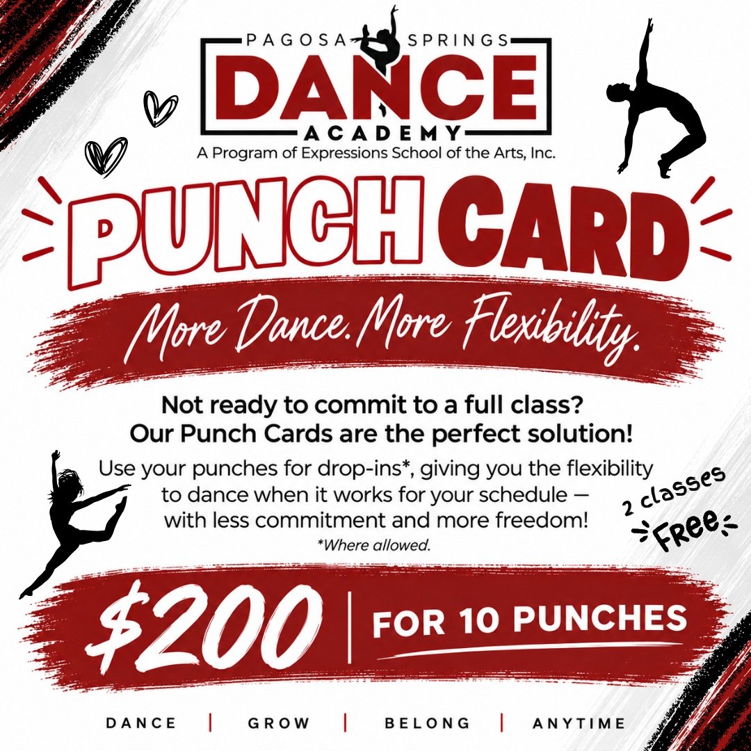 💃 MORE DANCE. MORE FLEXIBILITY. LESS COMMITMENT. ❤️

Have a busy schedule but still want to dance? Our PSDA Punch Cards are the perfect option!

For just $200, you get 10 punches that can be used for drop-in classes*&mdash;giving you the freedom to 